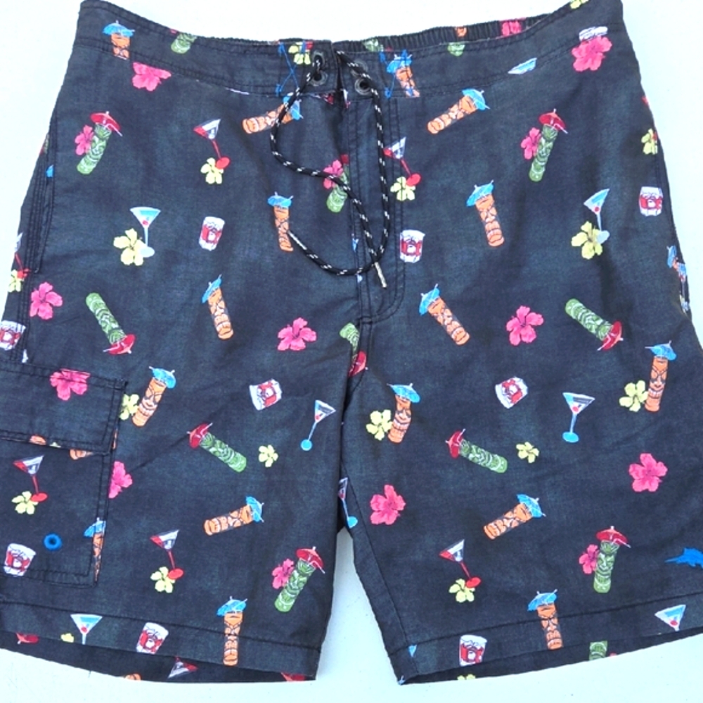 Tommy Bahama Black Swim Trunks with Colorful Cocktail Print
